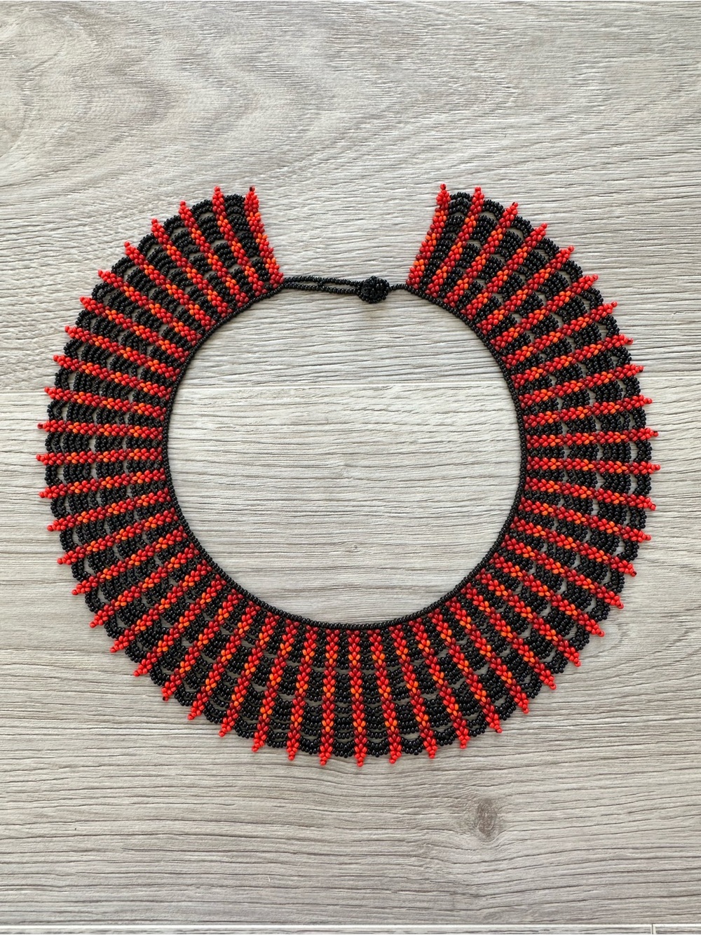 Artisan Hand-Woven Beaded Bib Choker Collar Necklace Red & Black Geometric